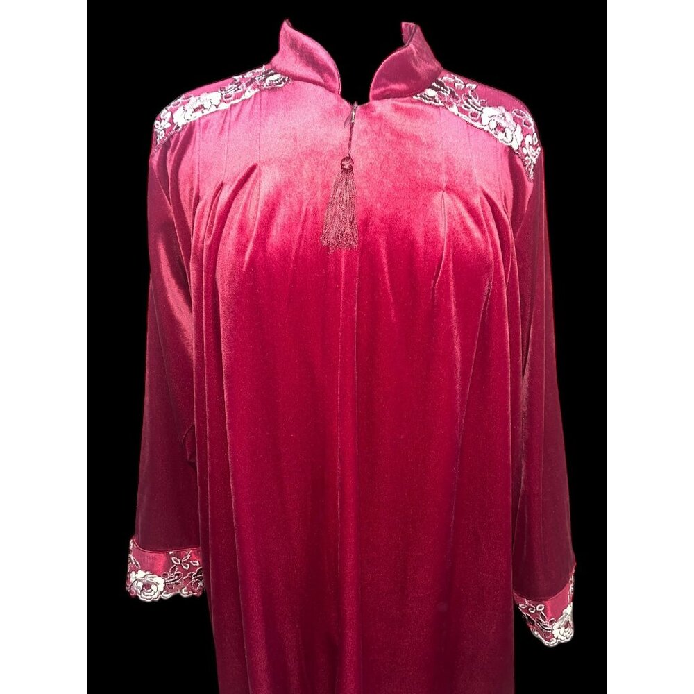 80's Cinema Etoile Red Velvet Velour Robe Vtg Embroidered Maroon Zip L Womens